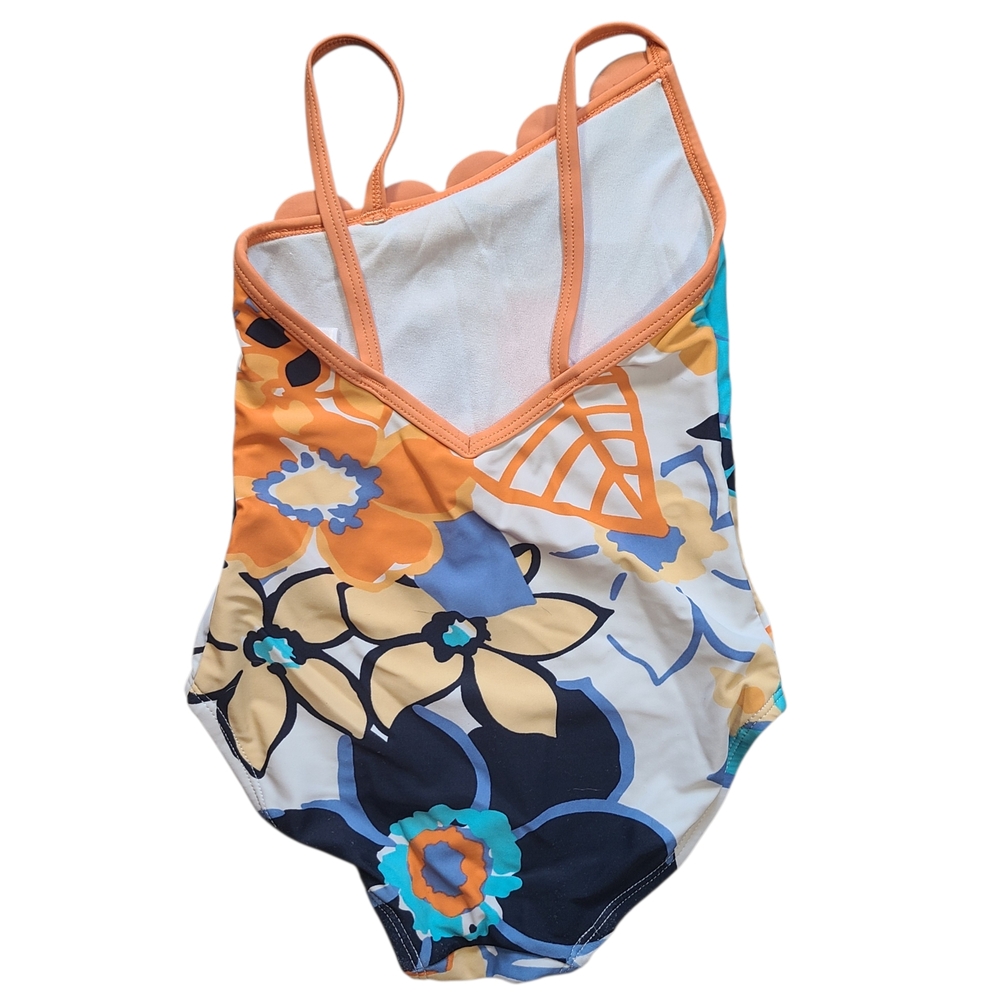 Gymboree Floral One Shoulder Swimsuit Girls 4 Blue Orange 3D Petal - Picture 2 of 8